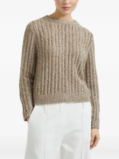 Brunello Cucinelli Textured Ribbed Sweater With Shimmering Threads In Gold