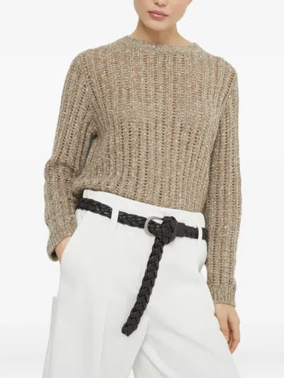 Brunello Cucinelli Textured Ribbed Sweater With Shimmering Threads In Gold