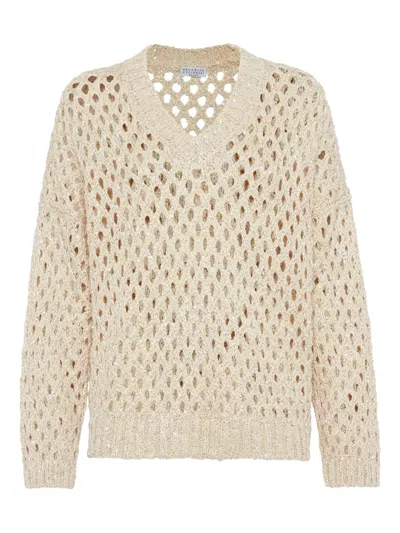 Brunello Cucinelli Beige Silk And Linen Dazzling Net Sweater In Neutral