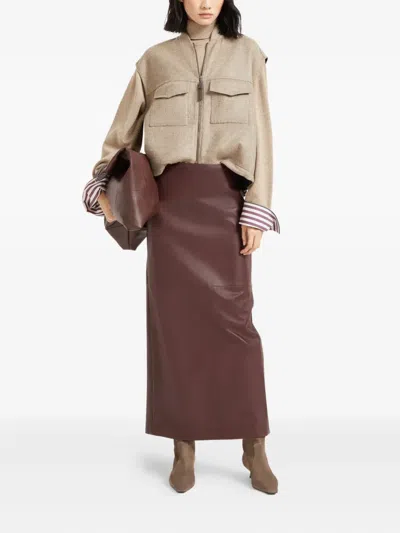 Brunello Cucinelli Stretch Nappa Leather Midi Skirt In Brown