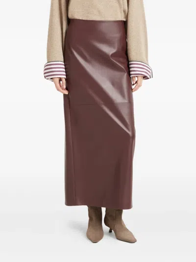 Brunello Cucinelli Stretch Nappa Leather Midi Skirt In Brown