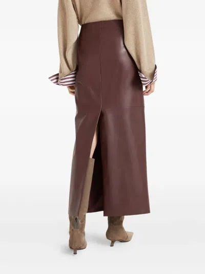 Brunello Cucinelli Stretch Nappa Leather Midi Skirt In Brown