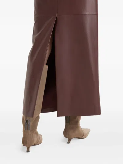 Brunello Cucinelli Stretch Nappa Leather Midi Skirt In Brown