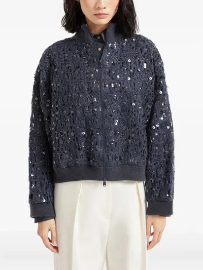 Brunello Cucinelli Dazzling Embroidered Cardigan In Blue