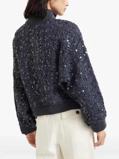Brunello Cucinelli Dazzling Embroidered Cardigan In Blue