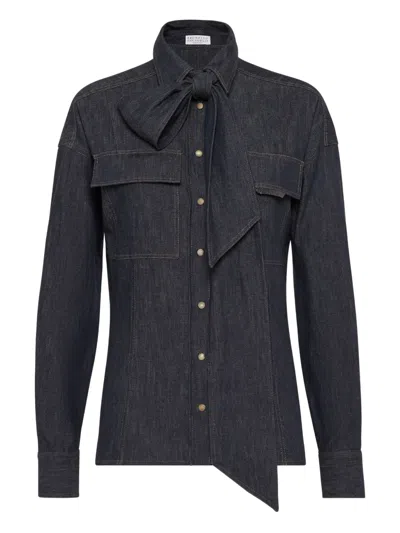 Brunello Cucinelli Lightweight Denim Shirt With Removable Bow