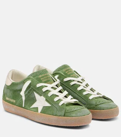 Golden Goose Super-star Distressed Suede And Metallic Leather Sneakers In Green