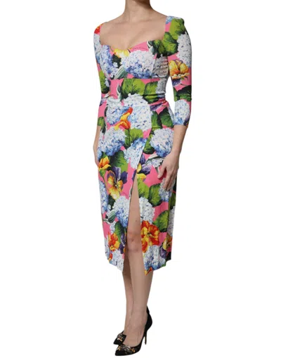Dolce & Gabbana Multicolor Floral Side Slit Midi Dress In Green