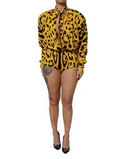 Dolce & Gabbana Yellow Leopard Long Sleeves Jumpsuit Dress In Yellow
