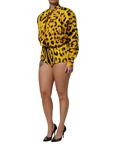 Dolce & Gabbana Yellow Leopard Long Sleeves Jumpsuit Dress In Yellow