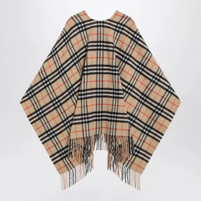 Burberry Charlotte Cape With Plaid Pattern And Fringe In Neutral