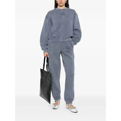 Alexander Wang Omens Crewneck Logo-embroidered Cotton-blend Sweatshirt Washed Blue Ink In Blue
