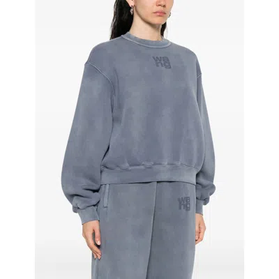 Alexander Wang Omens Crewneck Logo-embroidered Cotton-blend Sweatshirt Washed Blue Ink In Blue