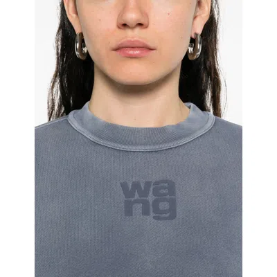 Alexander Wang Omens Crewneck Logo-embroidered Cotton-blend Sweatshirt Washed Blue Ink In Blue