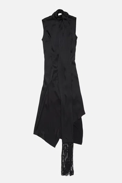 Acne Studios Dale Attached Scarf Asymmetric Satin Dress In Black