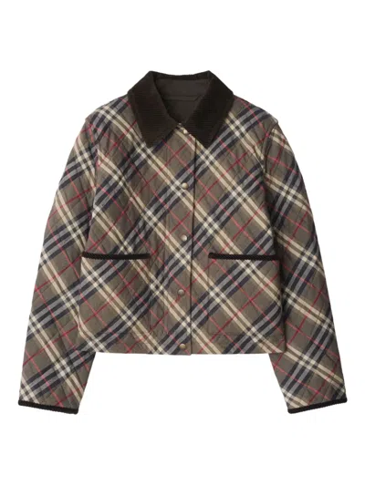 Burberry Womens Moss Brownink Grey Check-print Quilted Cotton Jacket