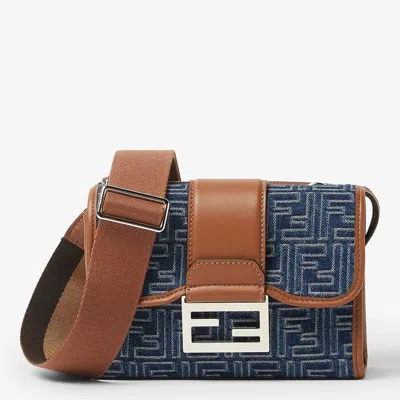 Fendi Denim-effect Ff Jacquard And Leather Double Baguette Bag In Blue