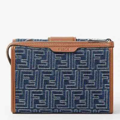 Fendi Denim-effect Ff Jacquard And Leather Double Baguette Bag In Blue