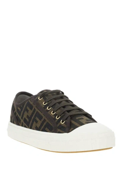 Fendi Men Brown Sneaker With All-over Ff Motif In Fabric Man In Black