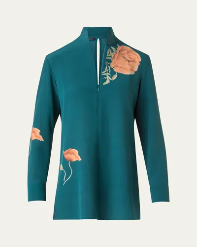 Akris Anemone Print Silk Crepe Tunic In Green