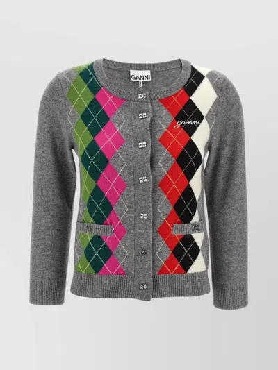 Ganni Argyle-pattern Logo-embroidered Cardigan In Multi