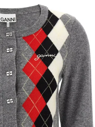 Ganni Argyle-pattern Logo-embroidered Cardigan In Multi