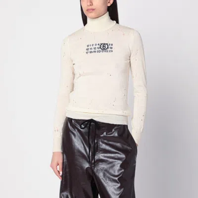 Mm6 Maison Margiela Distressed Crewneck Knitwear With Ribbed Finish In White