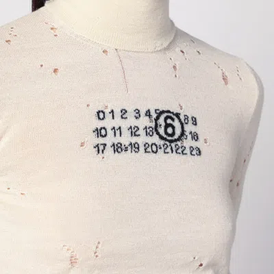 Mm6 Maison Margiela Distressed Crewneck Knitwear With Ribbed Finish In White