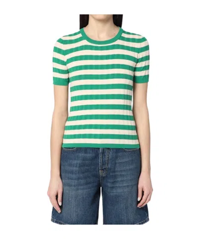 Roberto Collina Striped Cotton Sweater Short Sleeves Crew Neck In Green