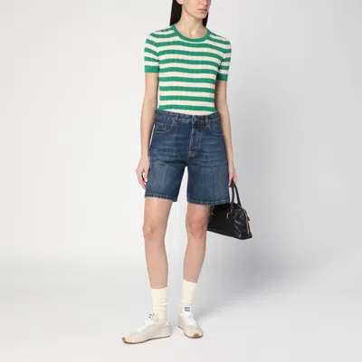 Roberto Collina Striped Cotton Sweater Short Sleeves Crew Neck In Green