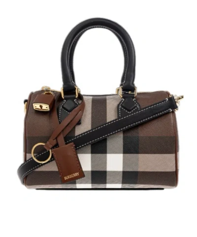 Burberry Womens Dark Birch Brown Chk Check-print Mini Woven And Leather Top-handle Bowling Bag
