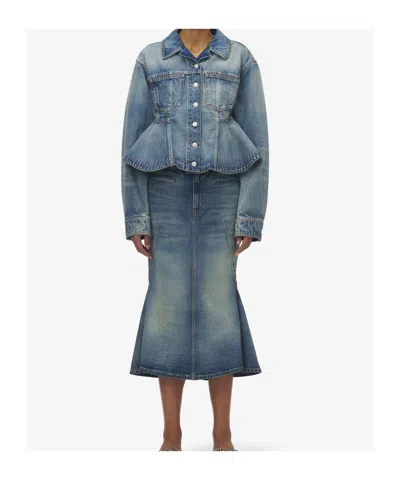 Alexander Mcqueen Stonewashed Denim Peplum Jacket In Blue
