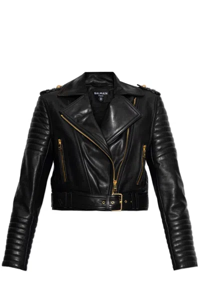 Balmain Cropped Leather Biker Jacket In Black