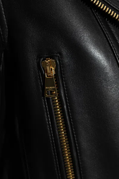 Balmain Cropped Leather Biker Jacket In Black
