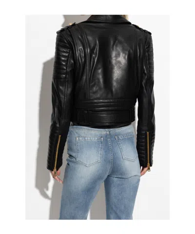 Balmain Cropped Leather Biker Jacket In Black