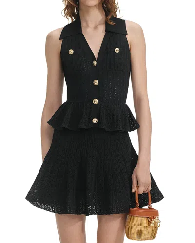 Self-portrait Pointelle-knit Mini Dress With Flap Pockets And Chain-link Accents In Black