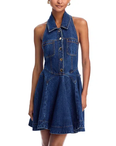 Self-portrait Denim Flared Mini Dress In Blue