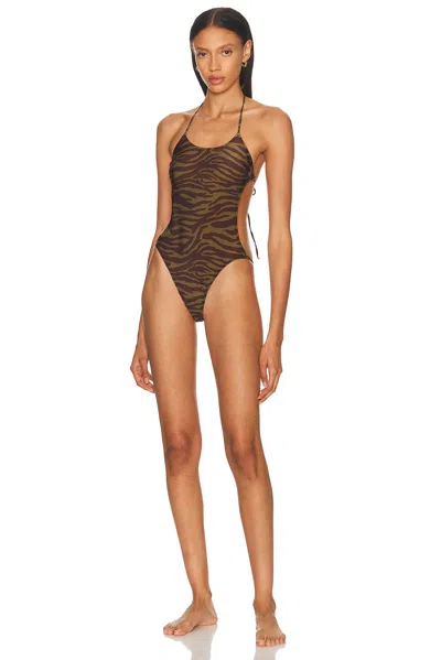 Attico Green Swimsuit With Halterneck With Tie And All-over Print In Tech Fabric Stretch Woman In Brown
