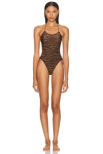 Attico Green Swimsuit With Halterneck With Tie And All-over Print In Tech Fabric Stretch Woman In Brown