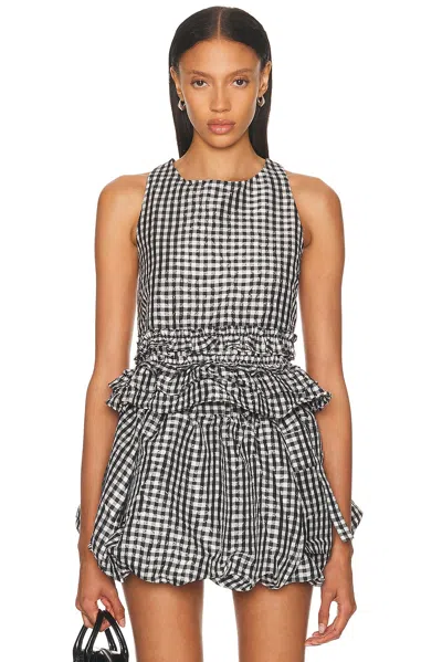 Ganni Crinkled Taffeta Check Open Back Frill Top