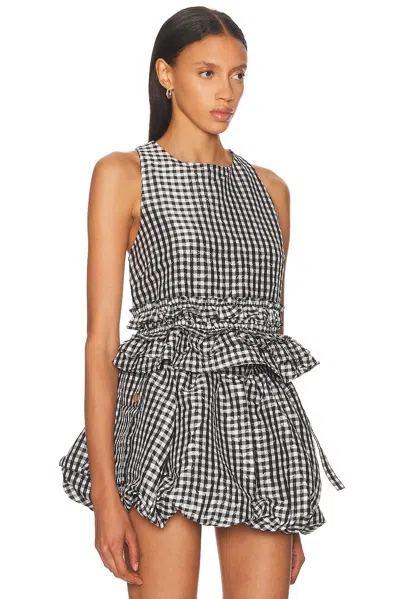 Ganni Crinkled Taffeta Check Open Back Frill Top