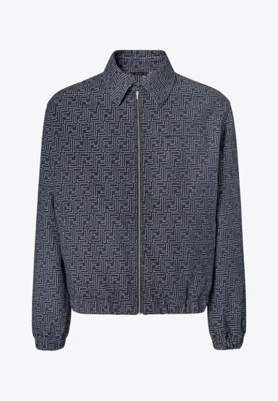 Fendi Embroidered Denim Bomber Jacket In Blue
