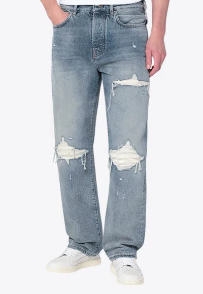 Amiri Distressed Straight Jeans With Belt Loops In Blue
