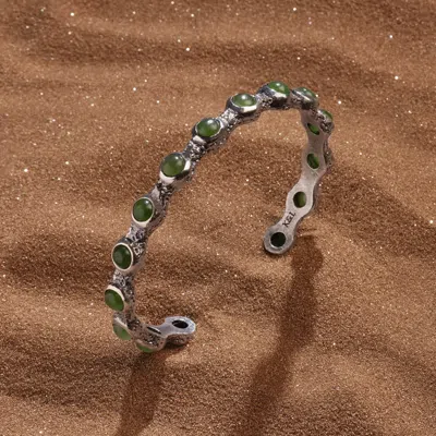 Karma And Luck Path Of Prosperity - Olive Jade Men's Cuff In Metallic