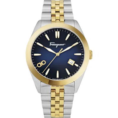 Ferragamo Two-tone Bracelet Watch With Blue Sunray Dial And Deployant Buckle In Gold
