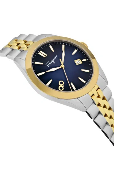 Ferragamo Two-tone Bracelet Watch With Blue Sunray Dial And Deployant Buckle In Gold