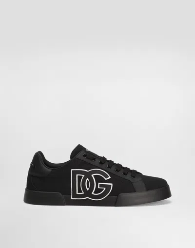 Dolce & Gabbana Portofino Light Strobel Sneakers In Canvas And Calfskin In Black