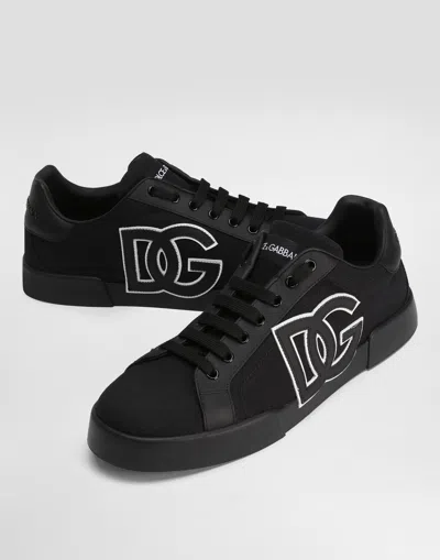 Dolce & Gabbana Portofino Light Strobel Sneakers In Canvas And Calfskin In Black