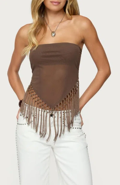 Edikted Backless Sheer Mesh Strapless Top In Brown