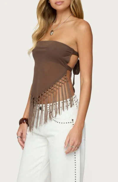 Edikted Backless Sheer Mesh Strapless Top In Brown